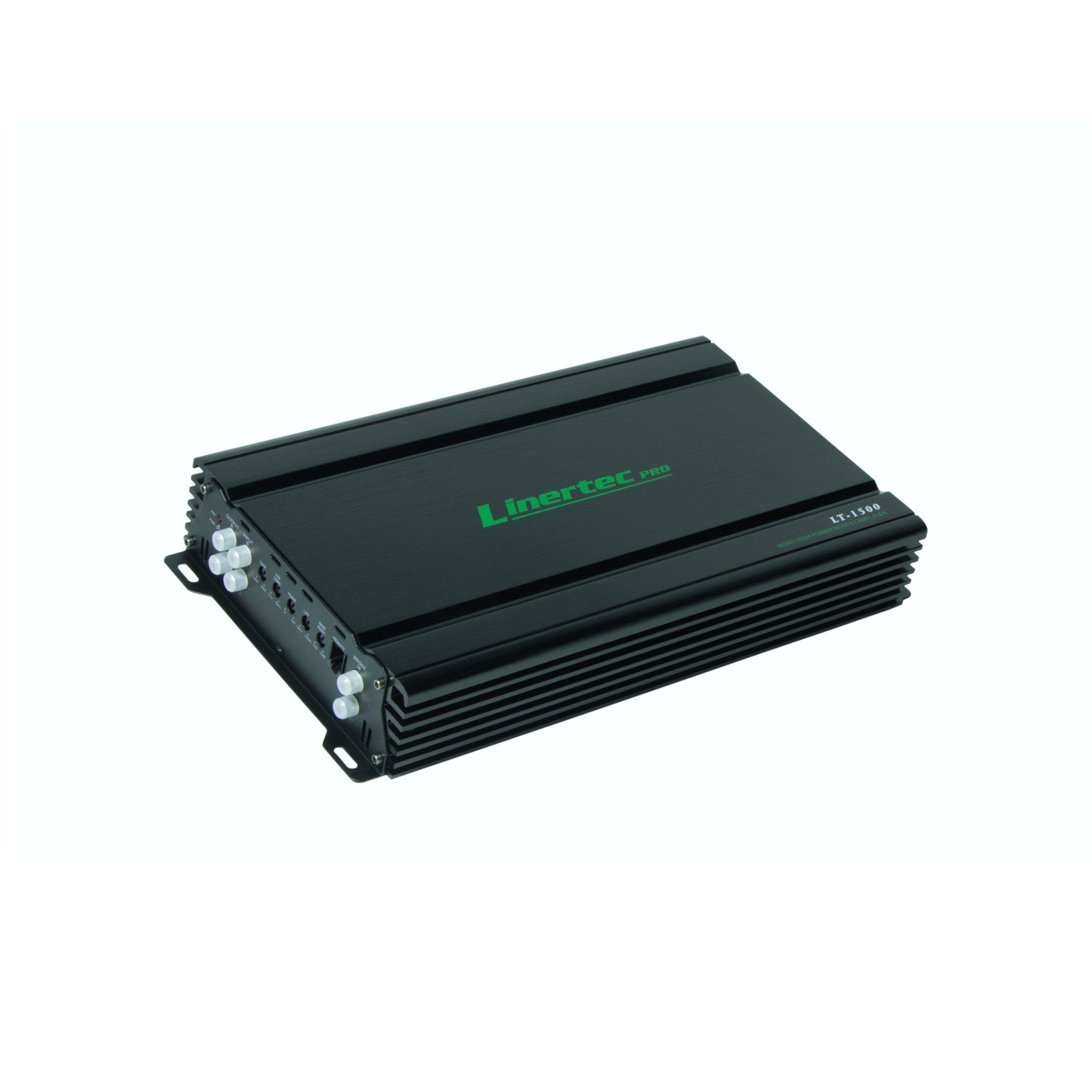 linertec lt-1500 black car audio monoblock amplifier angle view
