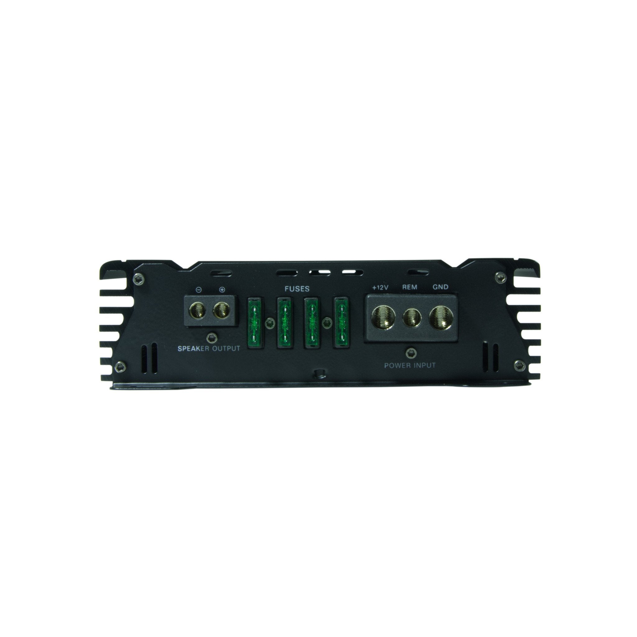 linertec lt-1500 black car audio monoblock amplifier right side view of cable and fuse holders