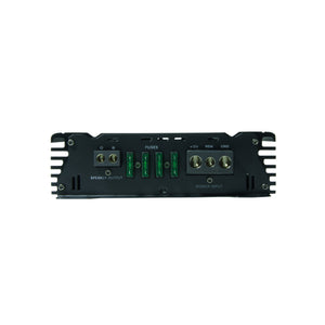 linertec lt-1500 black car audio monoblock amplifier right side view of cable and fuse holders