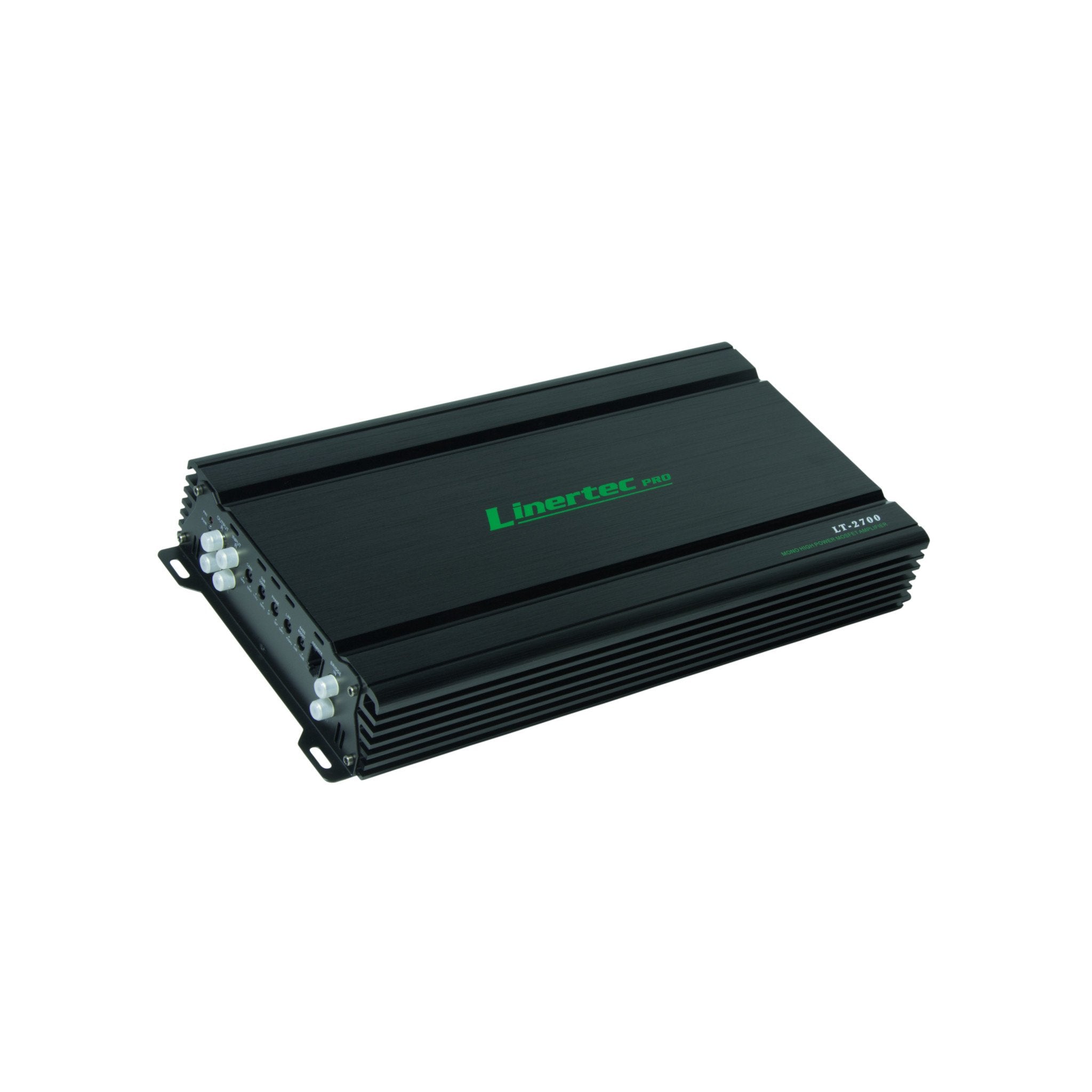 linertec lt-2700 black car audio monoblock amplifier angle view