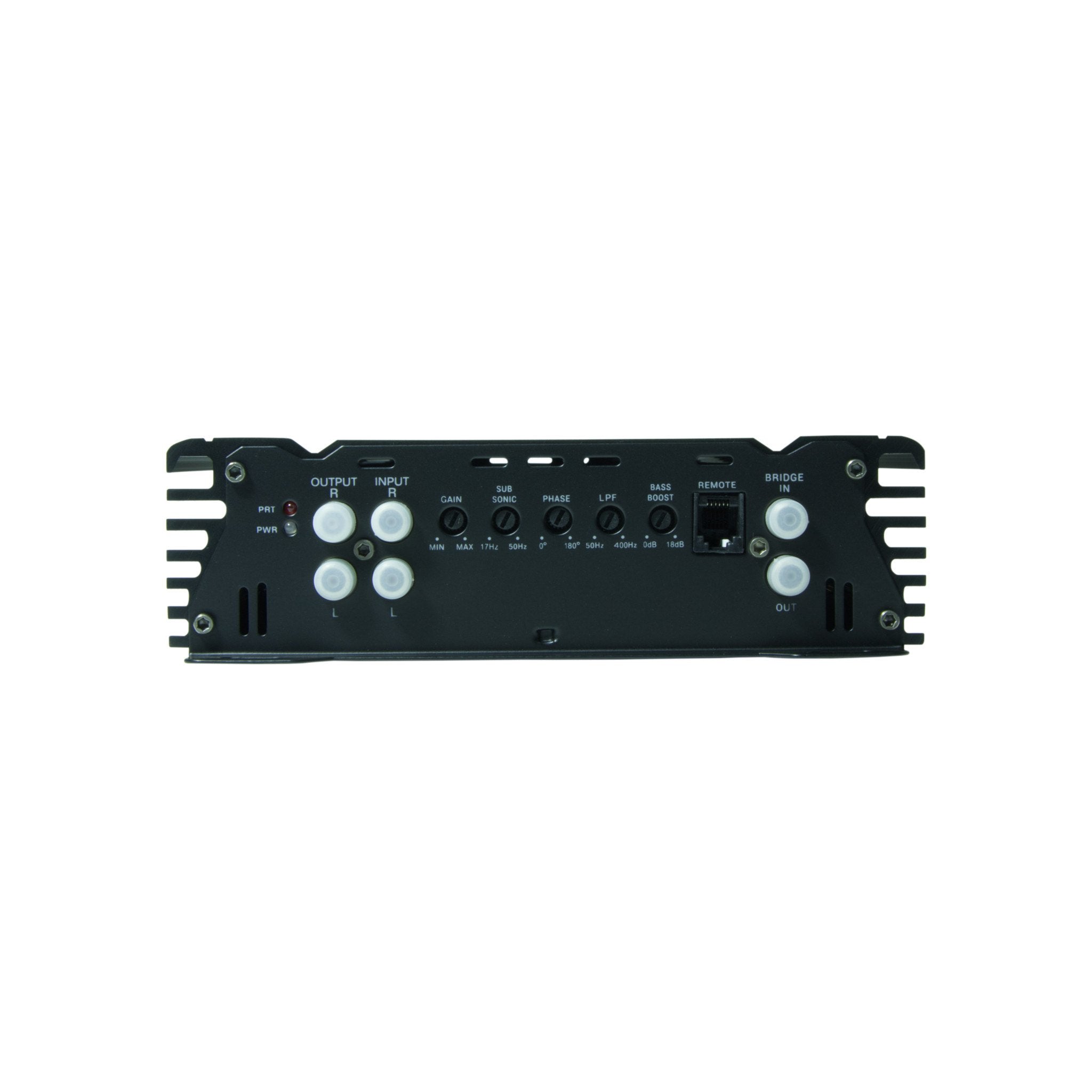 linertec lt-2700 black car audio monoblock amplifier left view of input and filter controls