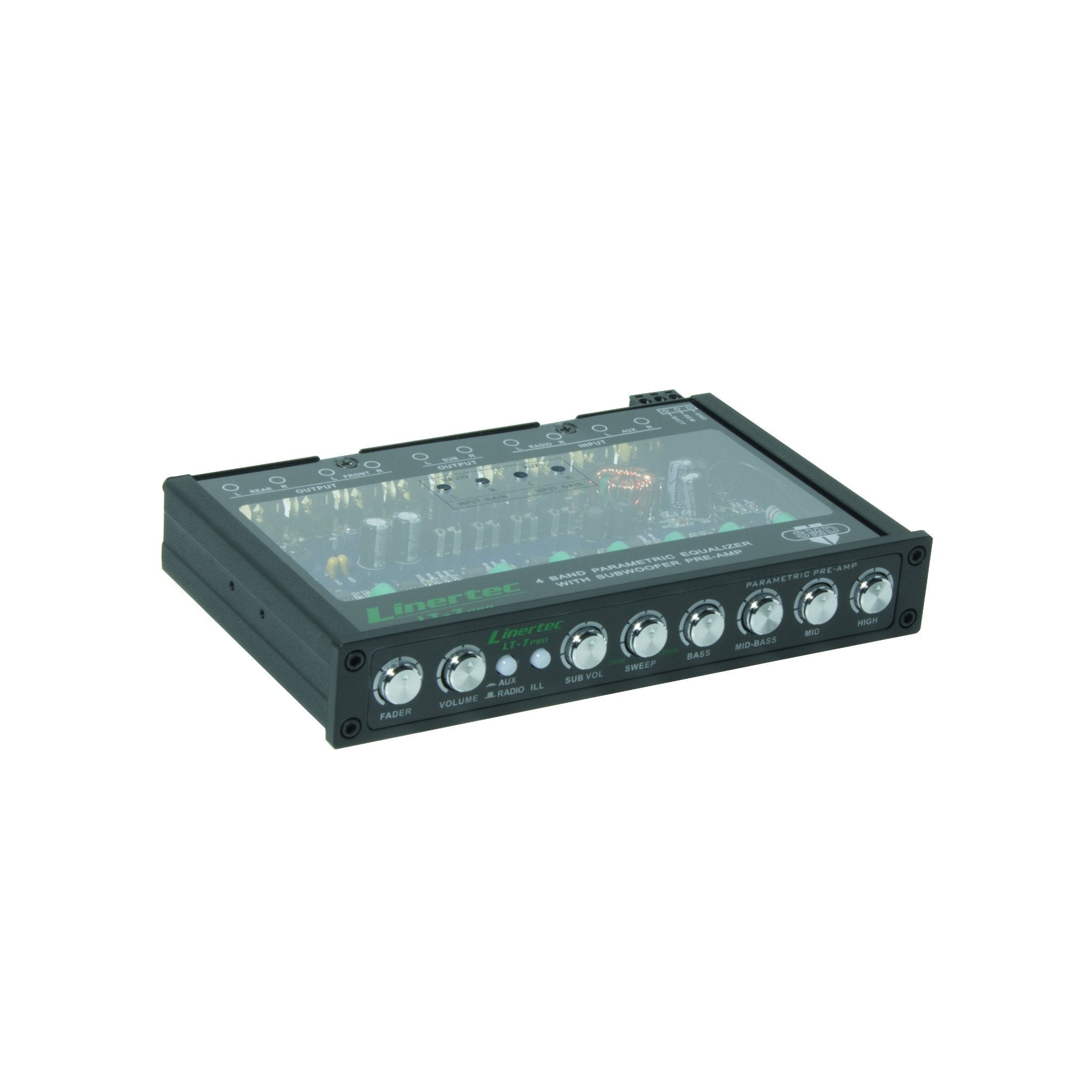 linertec LT7PRO car audio preamp product angle view with buttons retracted