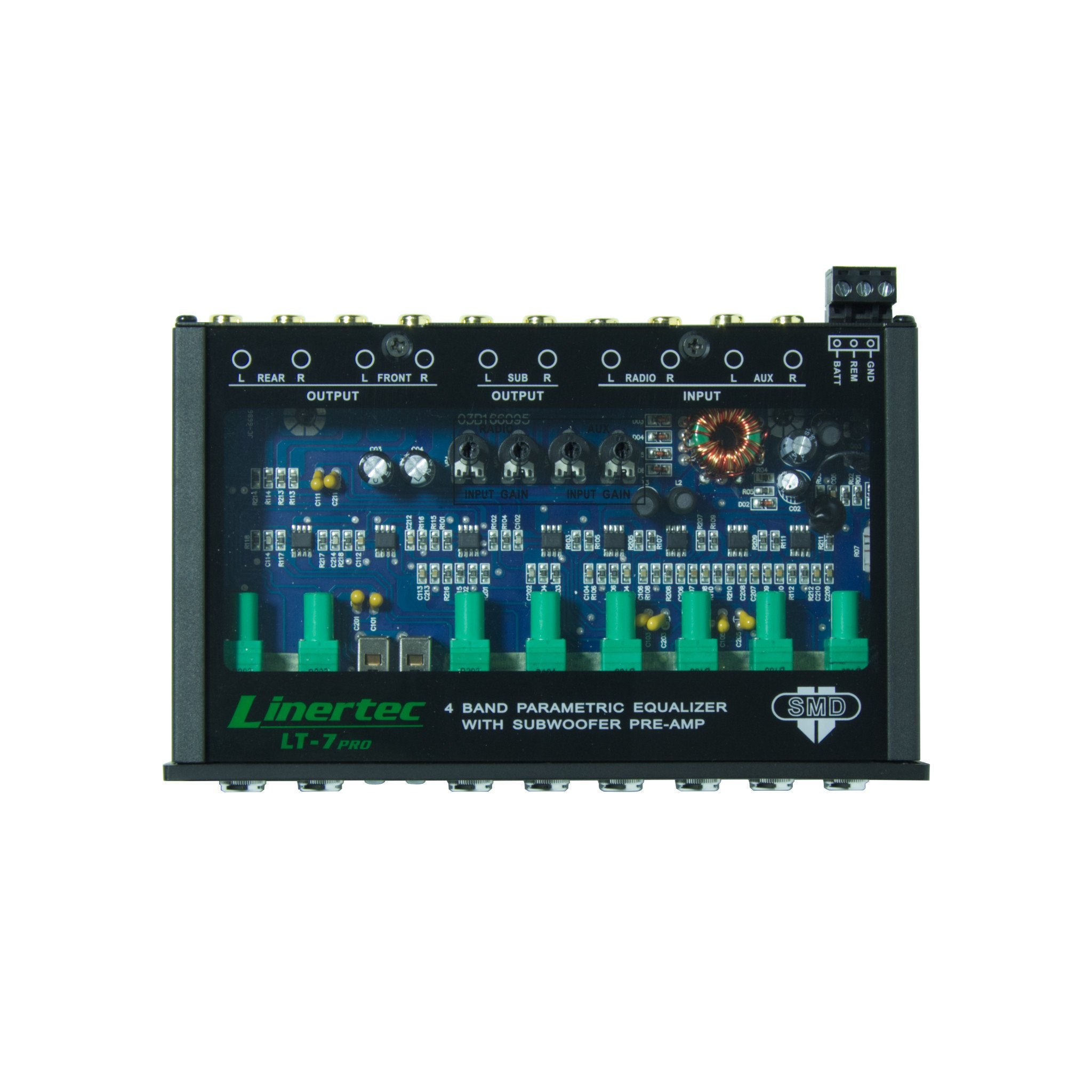 linertec LT7PRO car audio preamp overhead view with buttons retracted